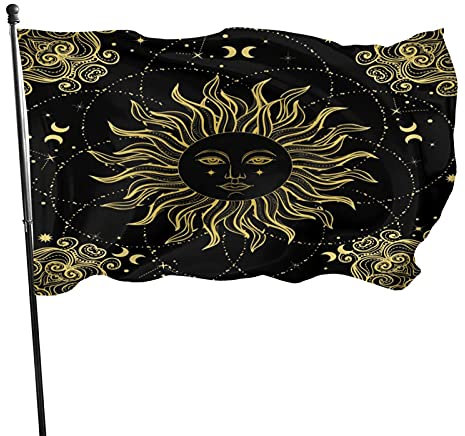 Bandera solar de 3 x 5 pies, símbolo de astronomía y astrología, estilo vintage, bohemio y gitano, amarillo y negro, decoración de jardín al aire libre, porche, pancarta ligera, resistente a la