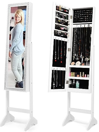 HOMASIS 2 in 1 Schmuckschrank mit Ganzkörperspiegel & Leiterregal, Schmuckregal mit Diamantrahmen aus Holz, freistehender Spiegelschrank mit Verstellbarer Winkel für Ketten, Ringe & Ohrringe (Weiß)