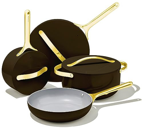 Caraway Nonstick Ceramic Cookware Set (12 Piece) Pots, Pans, Lids and Kitchen Storage - Non Toxic - Oven Safe & Compatible with All Stovetops - Black