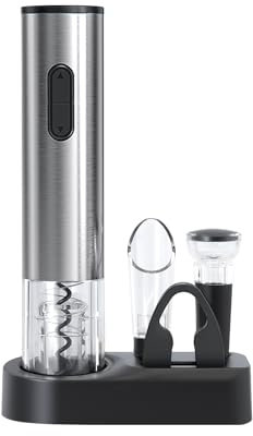 ELMWAY Electric Wine Opener Set – Battery Operated Corkscrew with Foil Cutter, Stainless Steel Shell, LED Light & Transparent Window, Wine Aerator Pourer, Vacuum Stopper & Base for Home, Bar & Parties