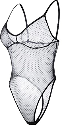 ROSVAJFY Women Sexy Bodysuit See Through Lingerie, Teddy Sheer Mesh Polka Dots, One Piece Underwear Naughty Adjustable Spaghetti Straps, Sleepwear Leotard Deep V Bodycon Jumpsuit (Black)