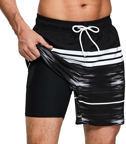 Badshorts för män snabbtorkande baddräkt, elastiskt nätfoder med fickor fritid korta byxor, justerbar dragsko boxershorts, sommar, surfing, sport, simning, Svarta ränder, L