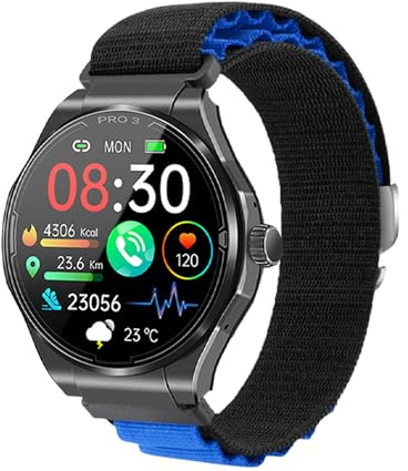 Knauermann PRO 3 (2024) Schwarz - Gesundheitsuhr Smartwatch mit Telefoniefunktion - EKG + HRV und SOS Funktion - AMOLED Display- BT Bluetooth - Schlafapnoe - Textilband Schwarz/Blau, 14-24, rund