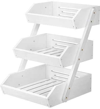 CALM COZY Obstkorb Bambus 3 Etagen, Gemüsekorb Obst Etagere, Aufbewahrung Halter für Obst, Kuchen, Süßigkeiten, Weiß