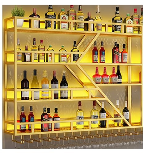 Wall Mounted Wine Rack Floating Shelves Storage Holder for Kitchen Bar Decoration Gold/Black Iron Bar Liquor Shelf Display Organize Bottle Glassware Hanging Wall Wine Shelves.