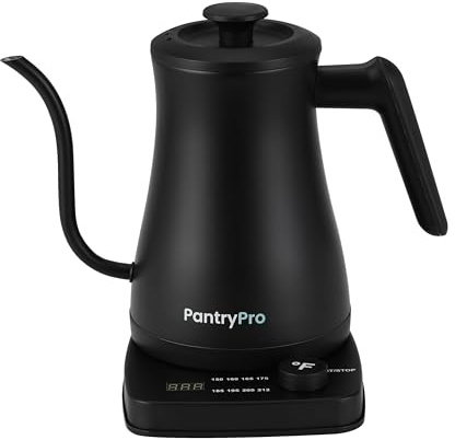 PantryPro Gooseneck Electric Kettle with Temperature Control, 34oz/1.0L Rapid Boil, Stainless Steel Interior, Auto Shut-Off, 1500W, Boil-Dry Protection, LED Indicator - Black
