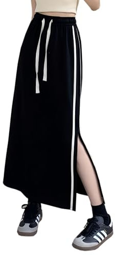 BETYFUL Gonna da donna invernale lunga calda gonna di lana 2024 vintage elegante gonna invernale elastica vita spaccatura laterale a linee Gonna da donna con tasche e coulisse, Nero , XXL