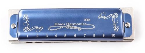 Erwachsene Mundharmonika Diatonische Mundharmonika 10 Löcher Blues-Mundharmonika Blau mit Koffer professionelle Mundharmonika für Anfänger Schüler und Erwachsene(D)