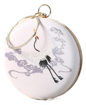 QVPODXWO Bestickte Abendtasche Damen-Abendtasche mit Retro-Kranich-Stickerei, runde Handtasche, Bankett-Umhängetasche for Damen, Abendessen, runde Geldbörse, Clutches FüR Dinnerpartys(White)