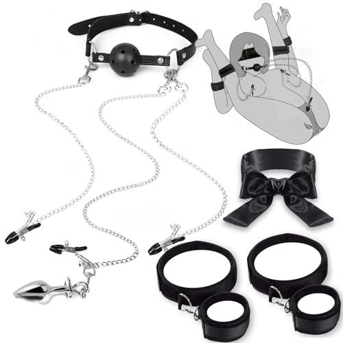 Sesso Bondage BDSM Bondage Restraints Set Adulti Sex Toy con traspirante palla Gag capezzolo pinza Clitoris Clip & Analplug, polso coscia manette manette cinghie per le gambe e maschera occhio bende