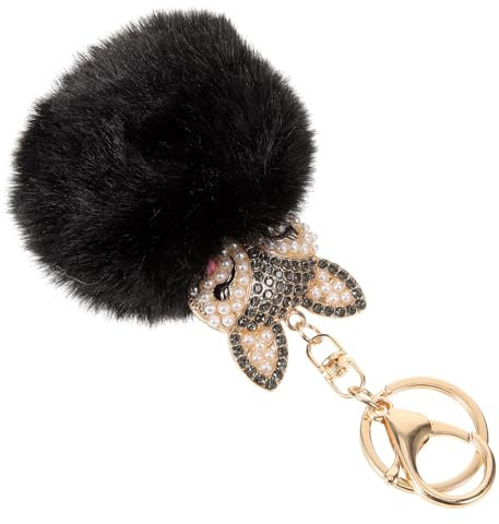 MOBUTOFU Fluffy Schlüsselanhänger Mit Perlen Und Strass Inlay Eleganter Fuchs Anhänger Aus Zinklegierung Flauschiger Bommel Dekorativ Für Damen Handtasche Auto Handy Schwarz