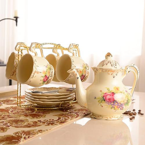 FOTN Set di piattini vintage per tazza da caffè in porcellana dipinta a mano, set da tè pomeridiano europeo, tazze da caffè britanniche e piattino, servizio per 4 cucchiaini da tè, teiera, supporto in