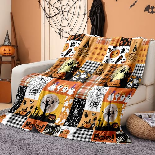 DJY Halloween Throw Blanket 150x200cm - Plaid Design with Pumpkin, Ghost, Witch, Spider & Bat on Orange - Cozy Flannel - Bed Sofa Couch Throw - Cosy Autumn Home Decor