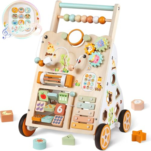 Lauflernwagen aus Holz für Mädchen und Jungen, Montessori-Aktivitätszentrum für Babys, einstellbare Geschwindigkeit und Höhe für Kleinkinder, pädagogisches Schiebespielzeug für Kinder