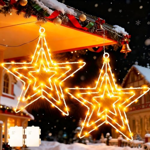 Cozymeow Grande de Metal Estrella Navidad Exterior 2 Piezas 75 LED Luces Ventana Navidad a Pilas, Colgando Estrella Navideñas Luz con Temporizador, Impermeable Luce Navideñas para Ventana Interior