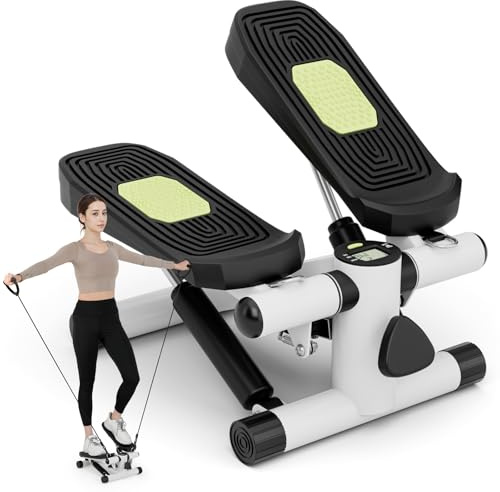 GYMAX Mini Stepper pour Fitness à Domicile, avec 2 Bandes de Résistance, Intensité Réglable, Moniteur LCD, Machine Compacte de Marche sous Bureau, Home Trainer pour Maison Appartement (Blanc)