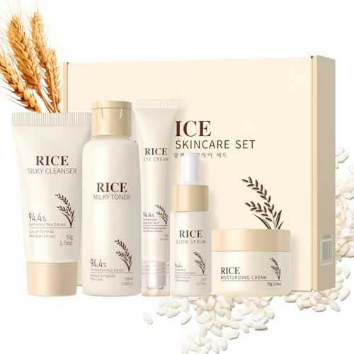 Reis Gesichtspflege Set 5-teilig,Rice Skincare Set, Anti-Aging Pflegeset mit Niacinamide & Alpha Arbutin, Feuchtigkeitsspendend, gegen Falten, für elastische und glatte Haut, Geschenk-Set für Frauen