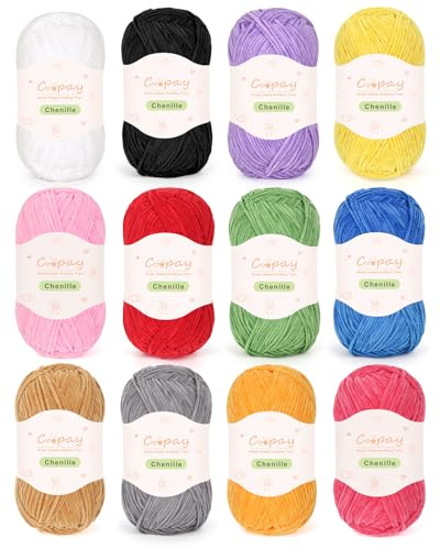 Coopay Chenille Yarn 600g(12×50g), Skinny Chenille Yarn for Crocheting and Knitting, Soft Velvet Thin Chenille Yarns Set for Crochet Blankets, Plush Dolls, Scarves, Socks & DIY Crafts, Colorful