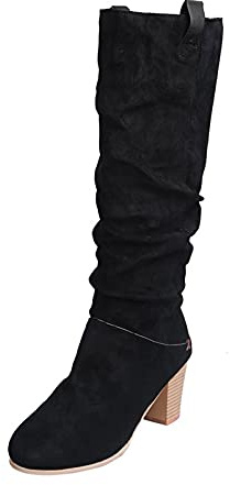 Générique Stövlar dam chic och bekväma stövlar dam mocka blockklack stor storlek stövel, slouchy veckad, vintage, boots, breda vadskor, stor, vad, enfärgad, boot stövel, svart, 42 EU