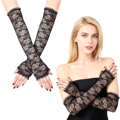 YiZhou Elegant Long Lace Gloves for Women - 40cm Elbow Length Vintage Floral Gloves for Wedding, Prom, Evening Dress (Black)