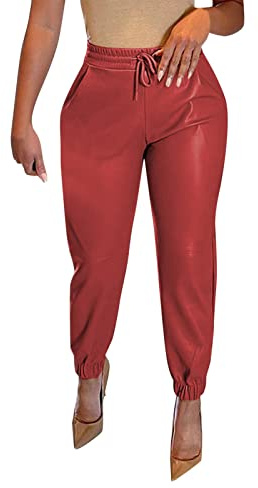 KBOPLEMQ Pantaloni in pelle, da donna, larghi, a gamba larga, a vita alta, con tasca, in similpelle PU, Z4 rosso, L