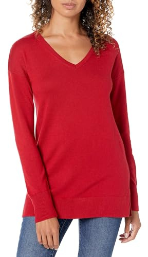 Amazon Essentials Women's Regular Fit Lightweight Long-Sleeved V-Neck Tunic Jumper (Available in Plus Size), Red, XL