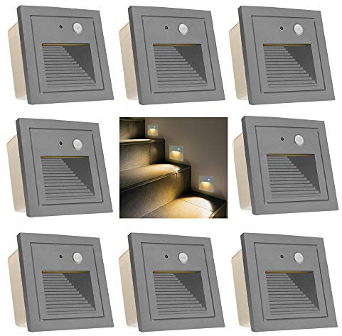 Arote 8er Set 3W LED Treppenlicht Wandleuchte mit Bewegungsmelder Quadratische LED Treppenbeleuchtung Warmweiß Wandeinbauleuchte Stufenbeleuchtung Stufenleuchte, Aluminium, 230V innen aussen, Sensor
