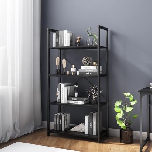VERMESS Industrial Bookshelf, 4-Tier 24inch Shelving Unit Wood Bookcase with Open Shelves, Standing Bookshelves Metal Frame Display Rack for Living Room,Bedroom, 24.8 * 11.8 * 47.8inch，Black