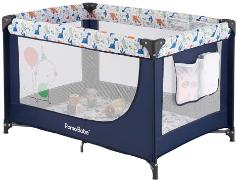 Pamo Babe Compact Pack and Play - Portable Crib for Baby, Lightweight Foldable Travel Playard with Mattress Pad & Carry Bag, Safe Breathable Travel Bed for Home, Trips & Family Visits, Cute Pattern