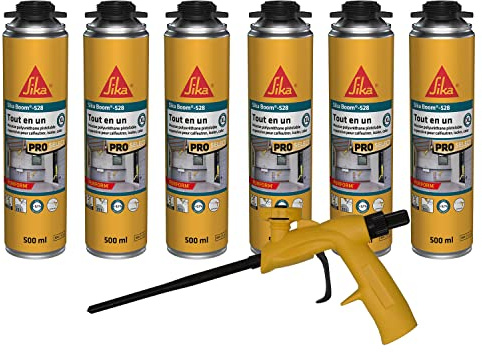 SIKA - Lot de 6 x Mousse polyuréthane Expansive Sika Boom 528, Pistolable & Réutilisable, Rendement 23L, pour jointer, calfeutrer, isoler, 500ml Blanc + Pistolet Foam Gun pour mousse expansive