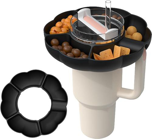 FIYSON Snackschale für Stanley Cup 40 oz, Silikon-Snackring, Snacktablett, Wiederverwendbare Snackteller, Snack-Halter, Snack-Deckel für Süßigkeiten, Vorspeisen, Nüsse (5 Fächer, Schwarz)