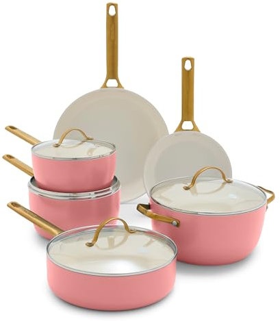GreenPan Hard Anodized Healthy Ceramic Nonstick 10 Piece Cookware Pots and Pans Set, Gold-Tone Stainless Steel Handles, PFAS & PFOA-Free, Dishwasher Safe, Oven & Broiler Safe, Coral