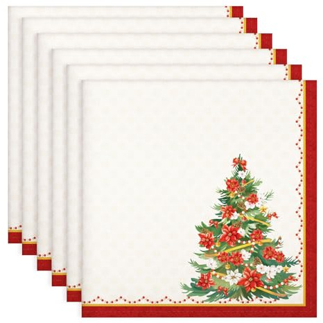 Arquiel Servietten Weihnachten Blume Baum 6er-Set, Stoffservietten 100% Baumwolle Rot Weiches Hochwertige Wiederverwendbare Esstisch Servietten für Weihnachten Küche Haushalt Party(45×45cm)