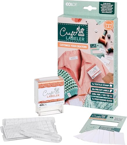 Craft Labeler Set di timbri in tessuto, con 20 etichette da cucire, 2 set di tipi, 1 pinzetta, 1 supporto per posizionamento, colore lavabile in lavatrice fino a 90°C