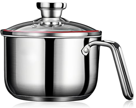 Olla para leche de 14 cm para inducción, 1,25 L con vertedor, olla de acero inoxidable con tapa de cristal con tapa, olla universal de acero inoxidable, apta para lavavajillas, doble pared para