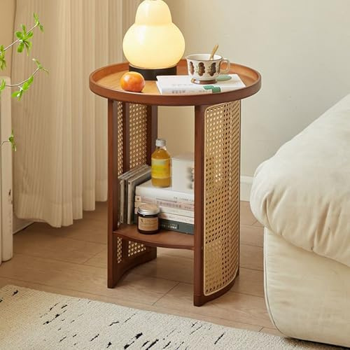 NHDVDVAV Bauernhaus Rattan Sofa Beistelltisch,Moderner Couchtisch Kreativer Nachttisch,Zweilagiger runder chinesischer Beistelltisch für Wohnzimmer, Schlafzimmer,A,45 * 45 * 56cm