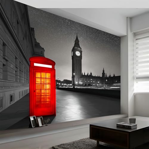Fotomurales Decorativos Pared Surrealismo Londres Cabina Telefónica Roja, Gris Claro Fotomural Decorativo para el Hogar 250 x 175 cm (An x Al) – Ldeal para Salón Dormitorio Oficina y Pared de TV