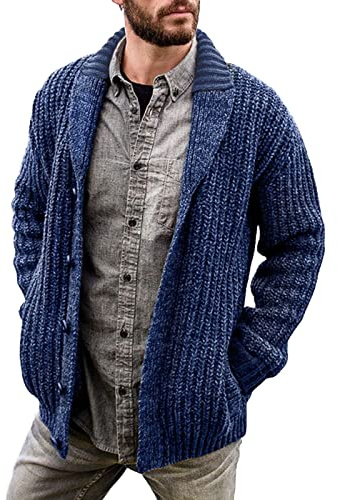 Generisch - Chaqueta de punto para hombre con botones, color sólido, suéter de punto suave y ligero, ajuste relajado, cardigan de manga larga, jumper, cuello con solapa, chaqueta tradicional, azul, XL
