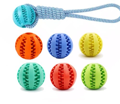 Dog Toy Set 7 Pack – Durable Chew Toys for Dogs, Includes Rope Ball Toy & 6 Rubber Treat Balls, Puppy Training & Dental Care Toys