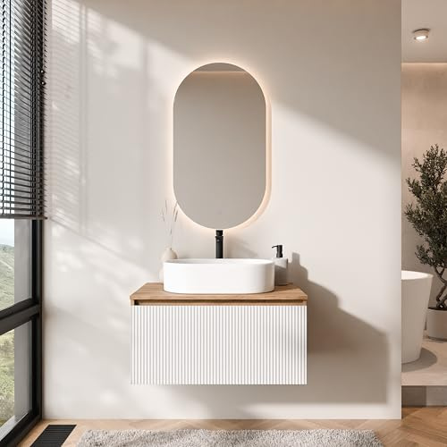 Planetmöbel Arisa - Set di mobili da bagno, composto da lavandino da 80 cm con mobiletto alla base in oro rovere bianco (con nervature) con specchio LED, lavabo da 55 cm bianco, incluso sifone