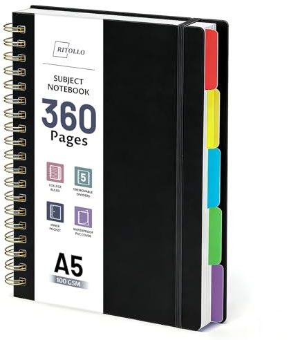 360 sidor A5-spiralanteckningsbok med 5 fack, rutig i collegestil, 100 GSM tjockt papper, stor anteckningsbok med avtagbara skiljeblad för skola, kontor, studier och arbete (svart)