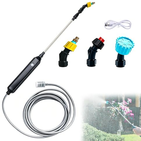 Akku Drucksprüher, Elektrischer Pflanzensprüher mit 3 Düsen und 3 m Schlauch, Elektrischer Drucksprüher Wiederaufladbarem und Tragbarer Sprühstab für Garten Rasen Hof Unkrau