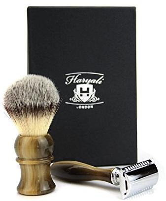 Vintage Style Luxury Shaving Gift Set for Men (Synthetic Hair Brush Horn Handle,3 Different Type of Razor to Choose Horn Handle.Perfect as a Gift to Him (De Safety Razor)