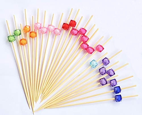 AILEXI Cocktailspieße aus Holz, Zahnstocher, Partyzubehör, Rüschen, Fingerfood, Obst, Sandwich-Knabbereien – mehrfarbige Acrylperlen, 100 Stück