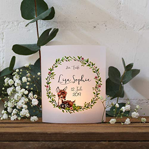 Teelichthüllen zur Taufe 2er 4er Set für Windlichter Teelicht Lichthülle Hülle Blätterkranz REH + Wunschname Datum te124 - ausgewählte Größe: *4X Lichthüllen*