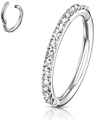 NewkeepsR 16G×14mm Diamante Steel Hypoallergenic Conch Piercing Jewellery Earring Hoop, Cartilage Clicker Segment Ring Rounded Clear Orbital Crystal Zirconia