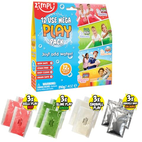 ZIMPLI - 12 Use Mega Play Pack, 3 x Gelli Play, 3 x Slime Play, 3 x Snoball Play & 3 x Crackle Baff, Children's Sensory Toy, DIY Creative Toy, Xmas Present