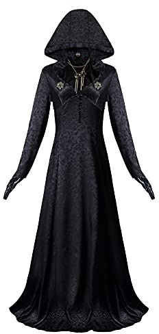 NUWIND Evil 8 Vampire Madam Lady Dimitrescu Daughters Bela Dimitrescu Witch Dress with Hood Accessories Woman Gothic Cosplay Costume Outfits Suit Halloween Carnival Fancy Dress Party (Black, L)