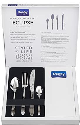 Denby – Eclipse 24 Piece Stainless Steel Cutlery Set for 6 People – Dishwasher Safe Tableware Kitchen Service – Flatware Set with Fork, Table Knife, Dessert Spoon & Teaspoon