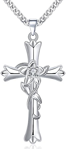 Mesovor Silberne Kreuzkette für Frauen, Verstellbare Glauben Kreuz Gott Gesegnet Anhänger Halskette | Blumen-Herz-Liebes-Ketten -Schmuck-Geschenke (Narzissen-Hoffnung)